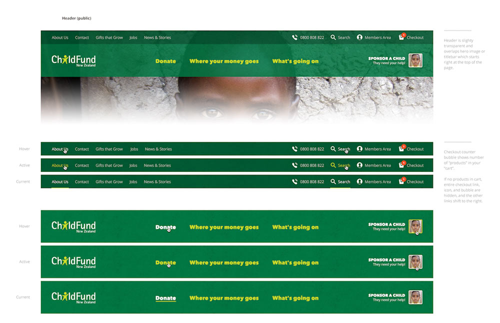 Extract from style guide showing different versions of the website header design